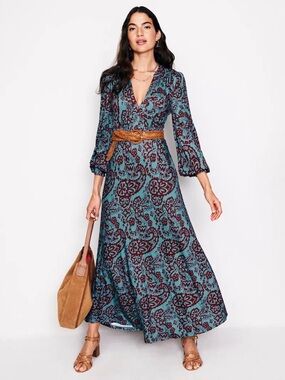 BODEN Ivy Paisley Smocked Midi Dress in Blue Maroon D1034 Size 6L